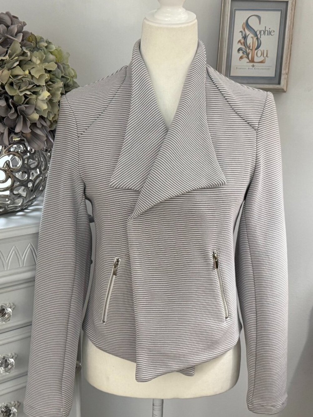PREMISE Gray Ivory Ribbed Asymmetrical Moto Jacket S NWOT